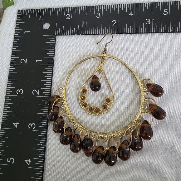 Large Statement Gold Hoop Earrings with Amber Glass Beads - Picture 8 of 14